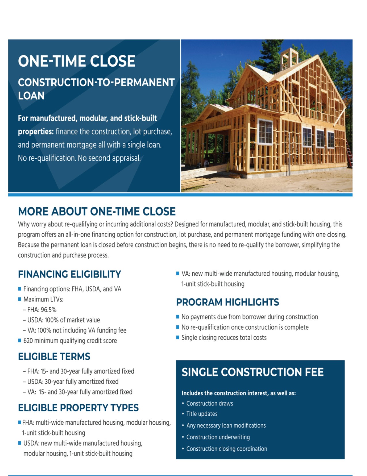 FHA VA USDA One Time Close Construction Loans